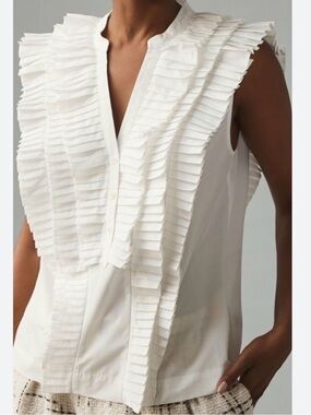 Anthropologie Maeve White Sleeveless Ruffle Blouse